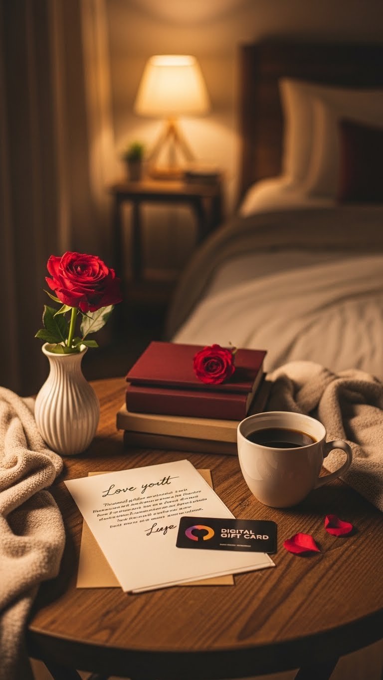 Last-minute thoughtful gestures including love letter and coffee on rustic table with warm golden hour lighting