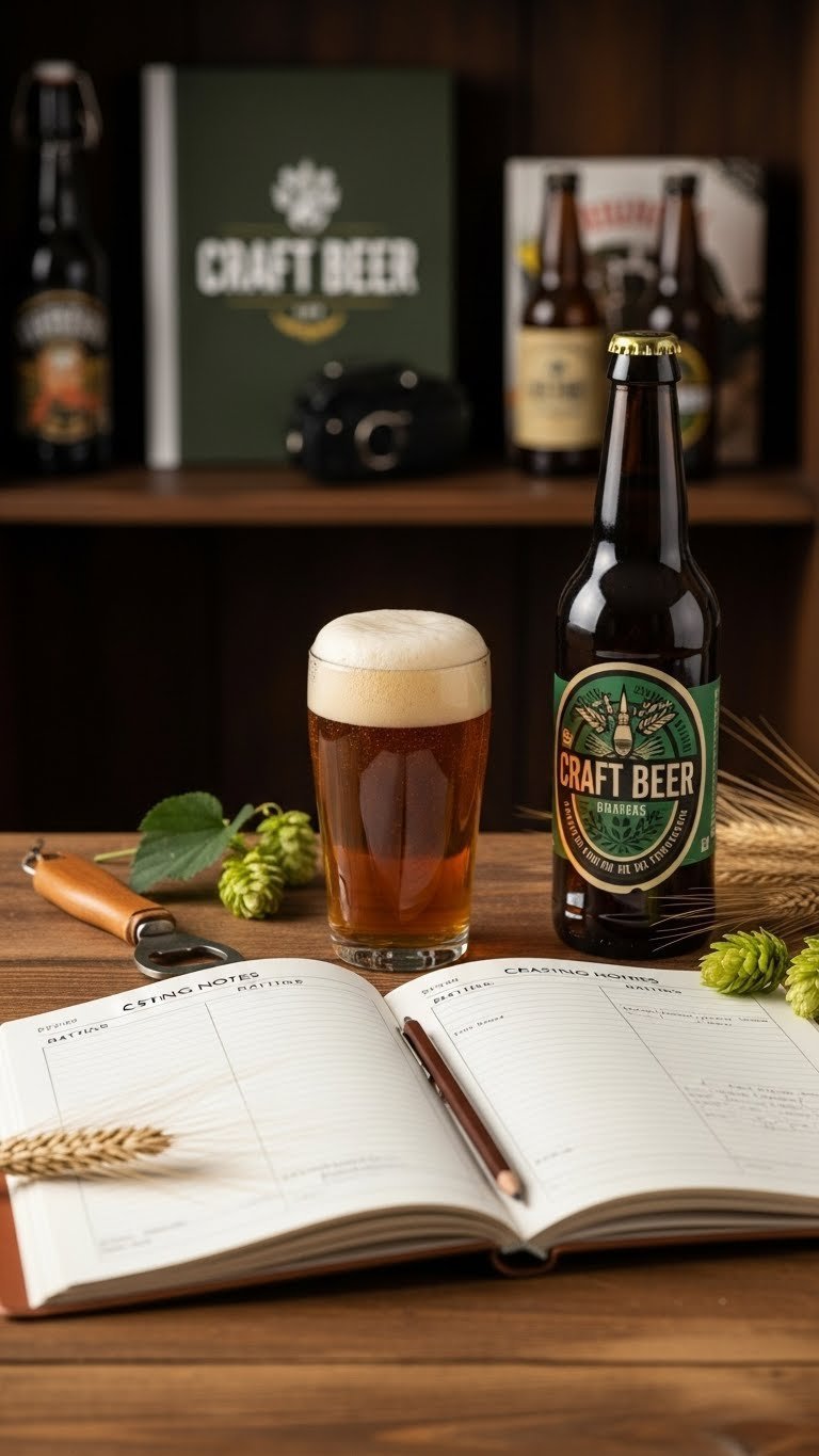 Leather-bound craft beer tasting journal open with craft beer bottle on rustic wooden table surface.