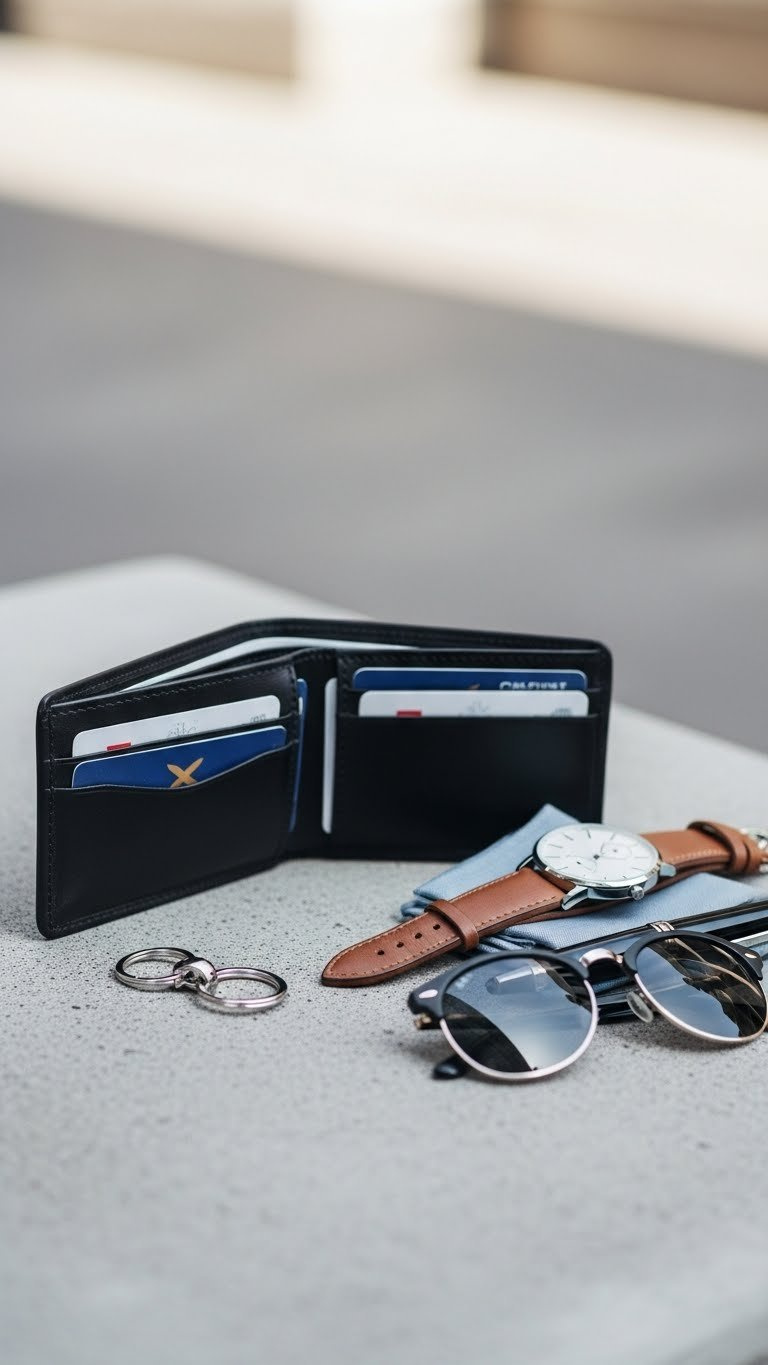 Leather wallet with minimalist watch and sunglasses on textured concrete surface