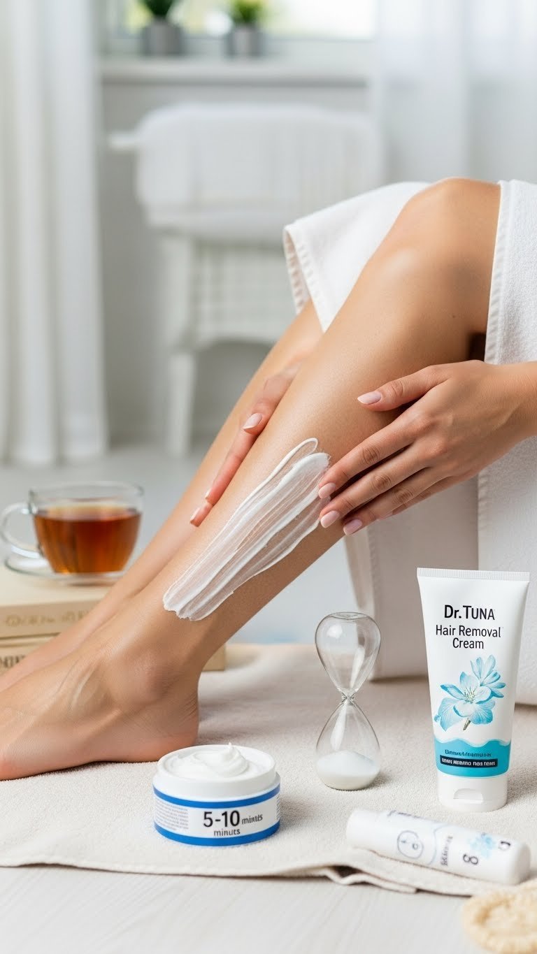 Leg with hair removal cream applied during waiting period with timer visible