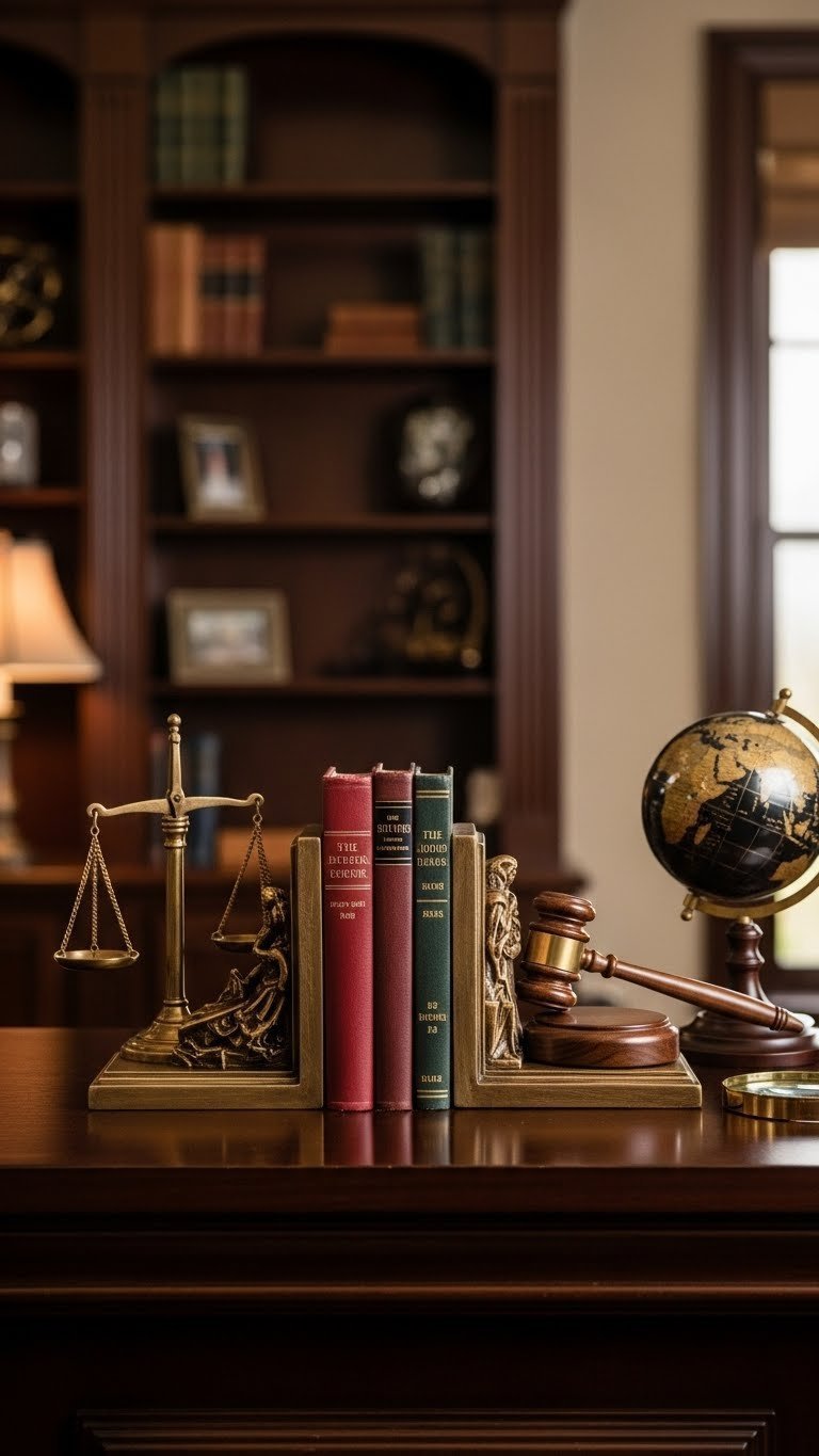 Legal-themed bookends holding classic law books on polished wooden bookshelf in traditional library