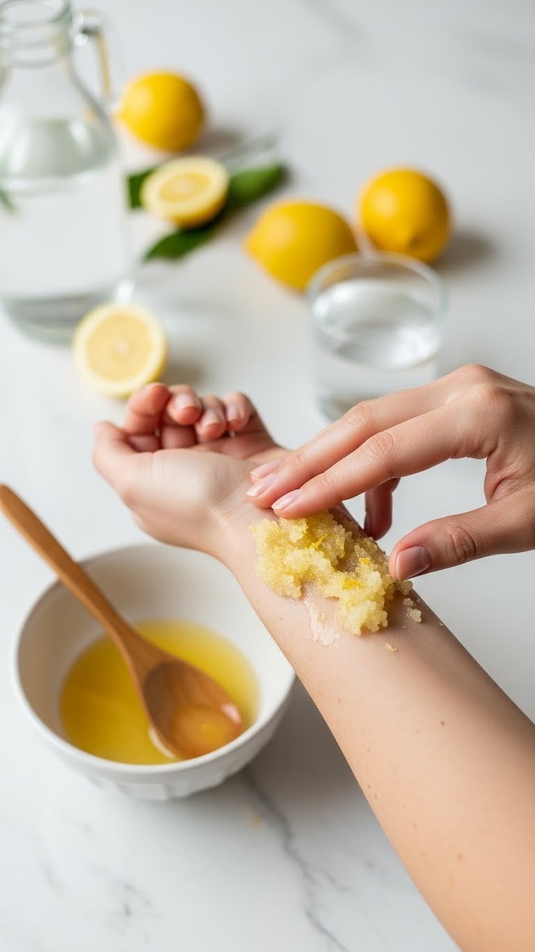 Lemon and sugar scrub being rubbed onto forearm for natural exfoliation with visible citrus zest