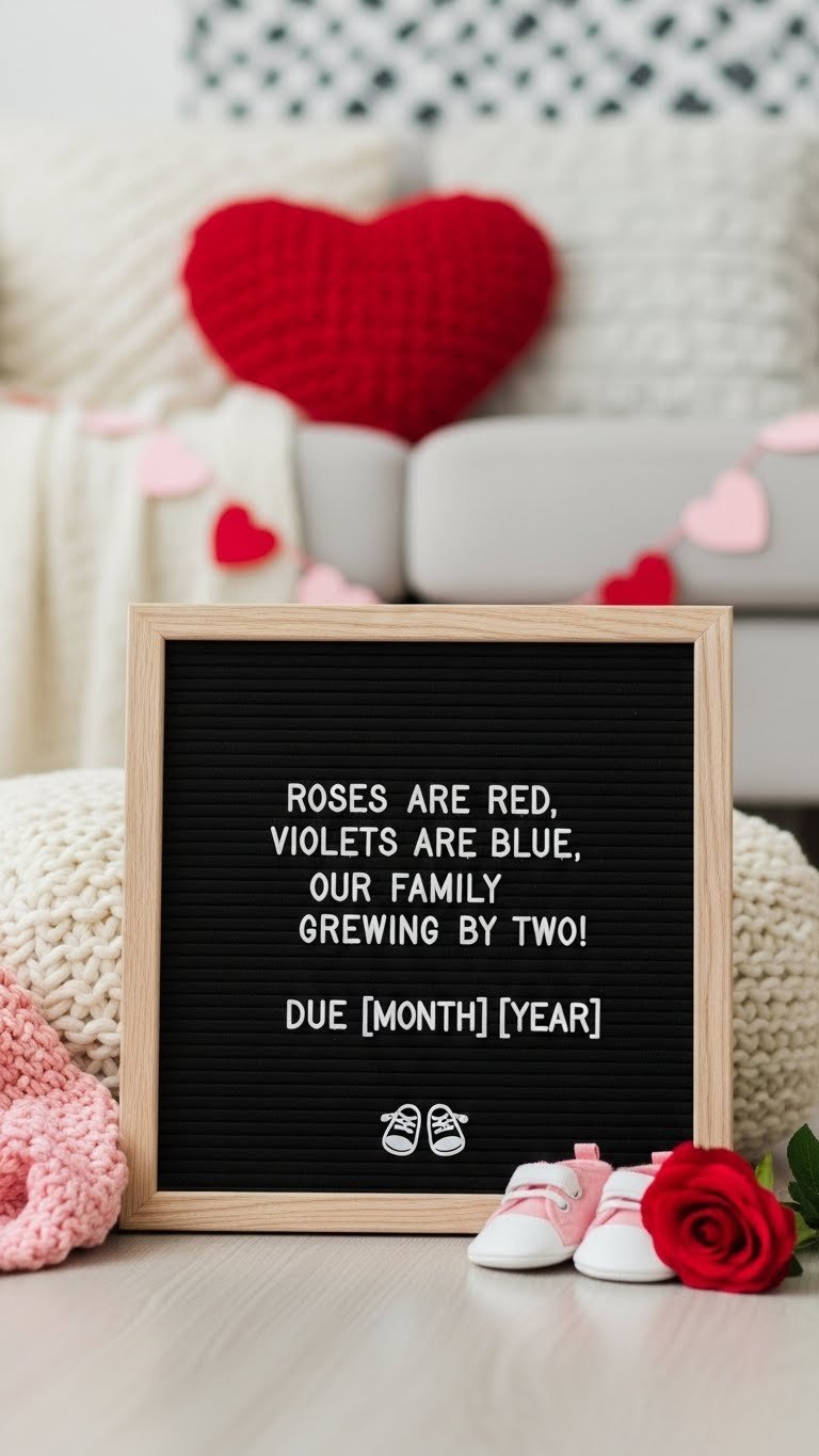 Letter board with Valentine's pregnancy announcement message featuring baby shoes and red rose in cozy home setting.