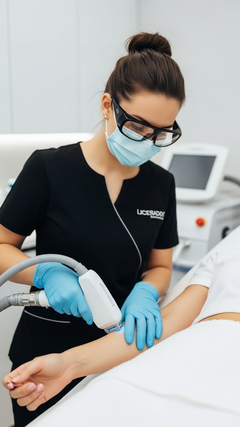 Licensed technician operating modern diode laser device for hair removal on client's forearm in clinical treatment environment