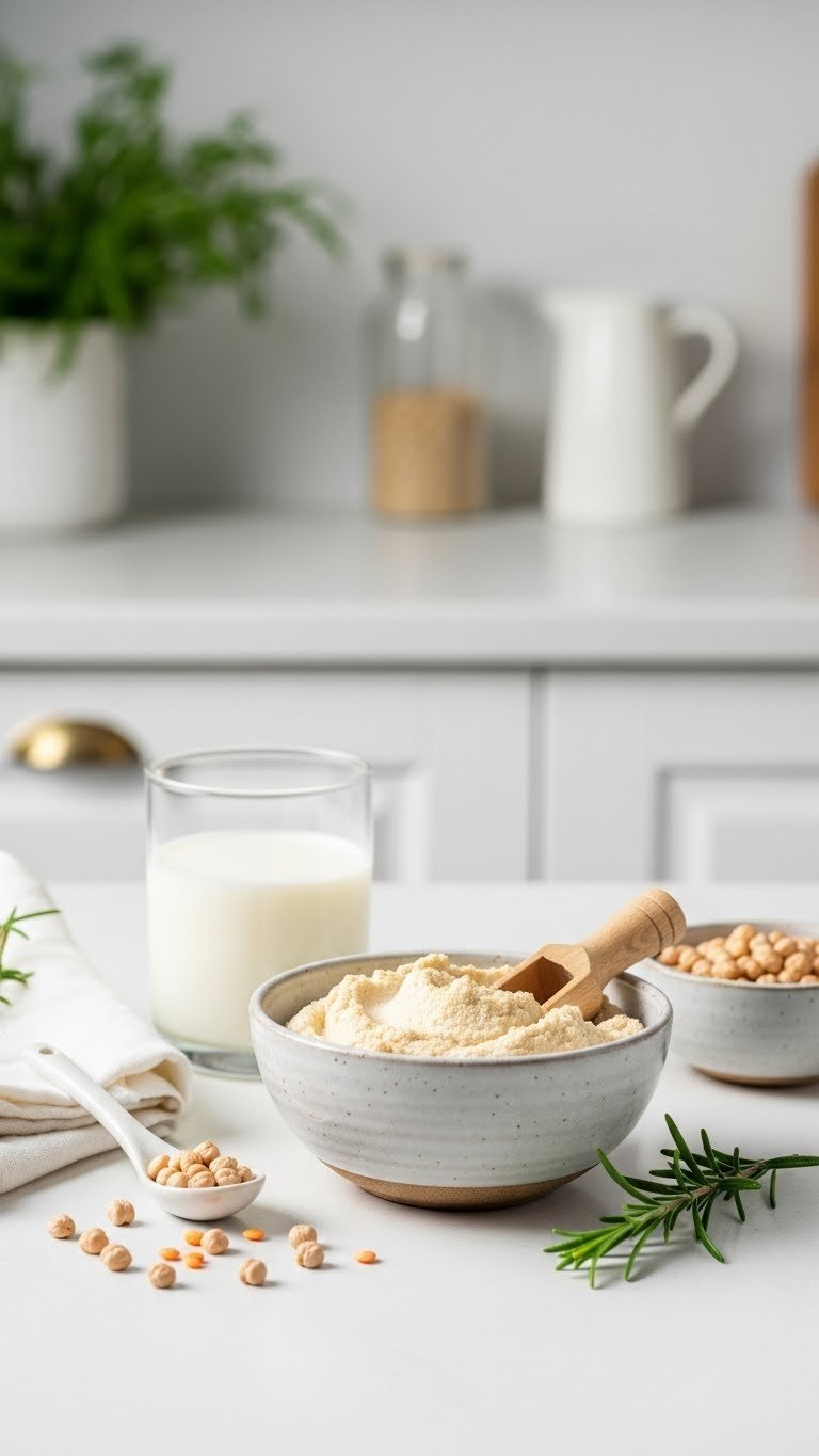 Light beige chickpea flour and milk exfoliating cream in handcrafted ceramic bowl with wooden scoop