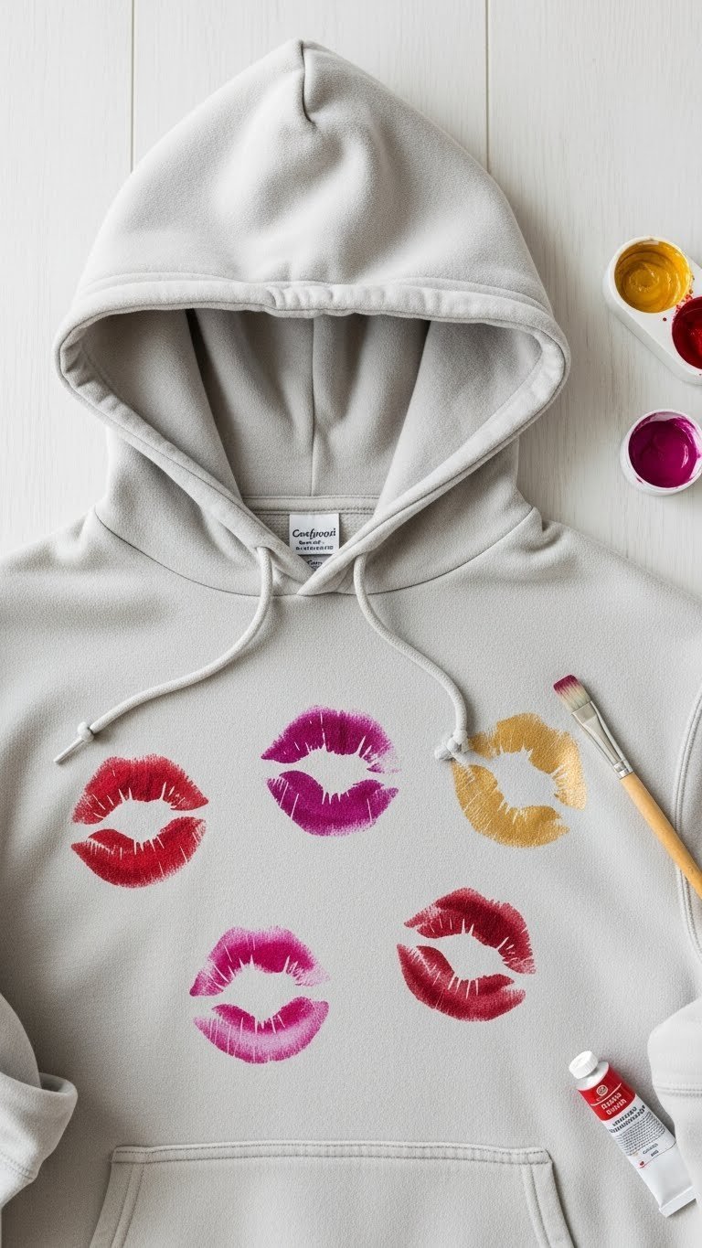 Light cream men's hoodie with crisp fabric paint kiss prints in red, fuchsia and metallic gold arranged in artistic flat lay composition