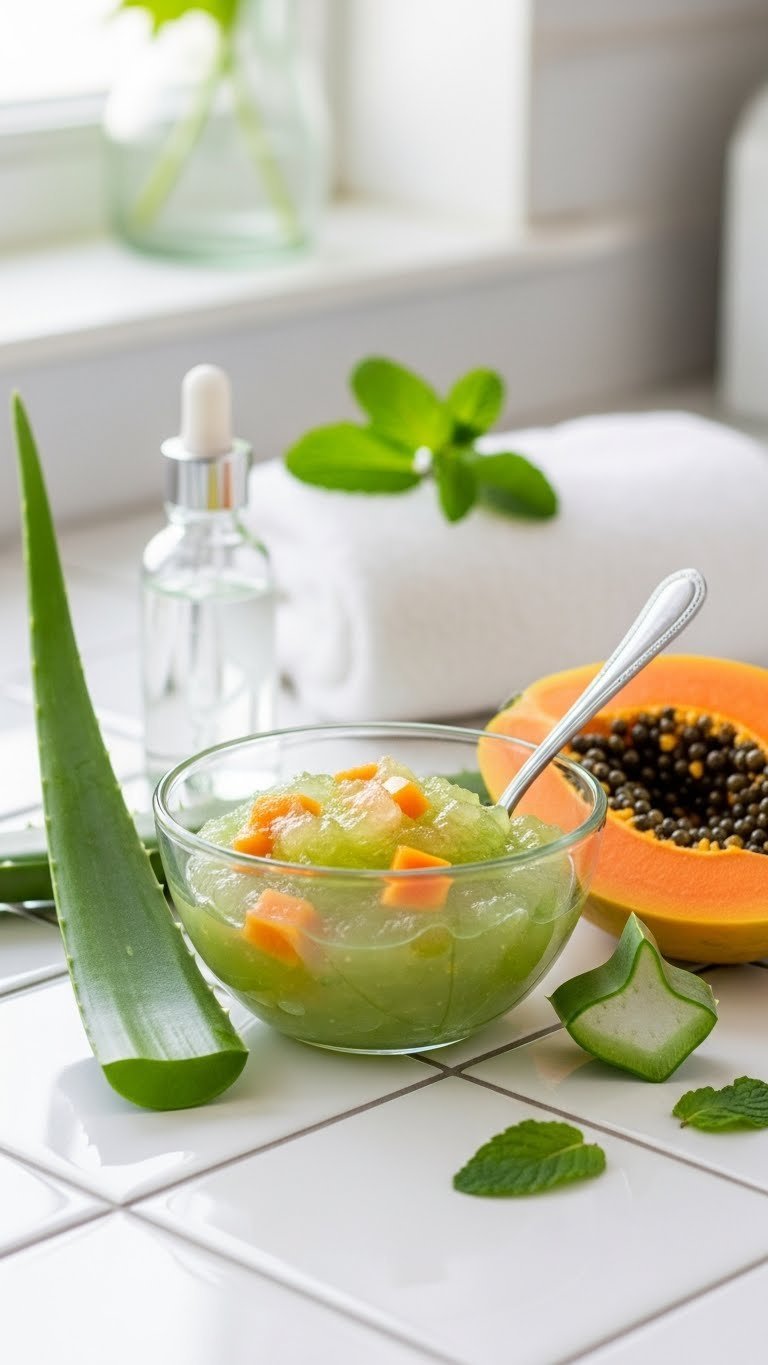 Light green aloe vera and papaya enzymatic depilatory paste in glass bowl with silver spoon on white ceramic tiles