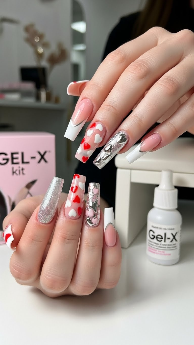 Long Gel-X Valentine's Day nails with glitter gradient design and salon tools against modern white table backdrop