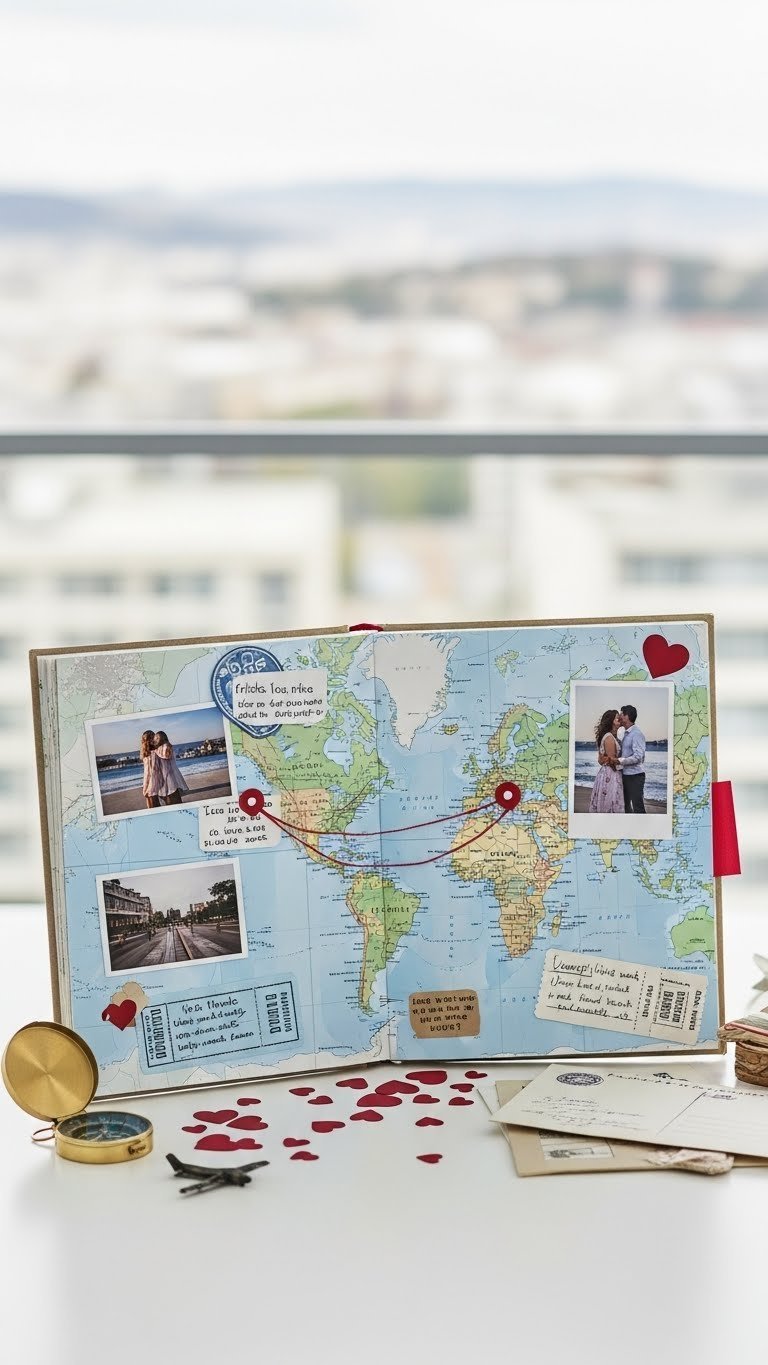Long-distance love map scrapbook featuring connected locations with photos and memorabilia arrangement