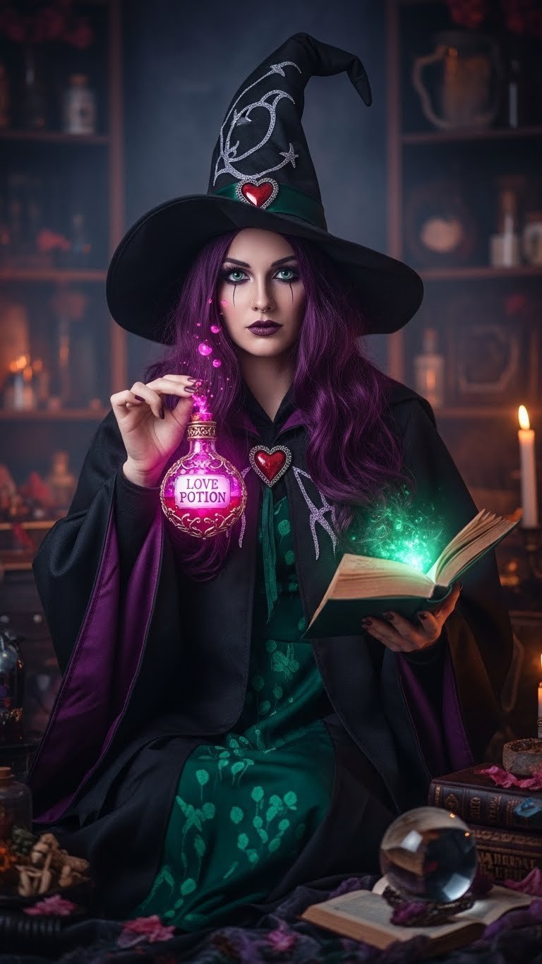 Love Potion Witch costume in flowing purple robes holding glowing vial in mystical apothecary
