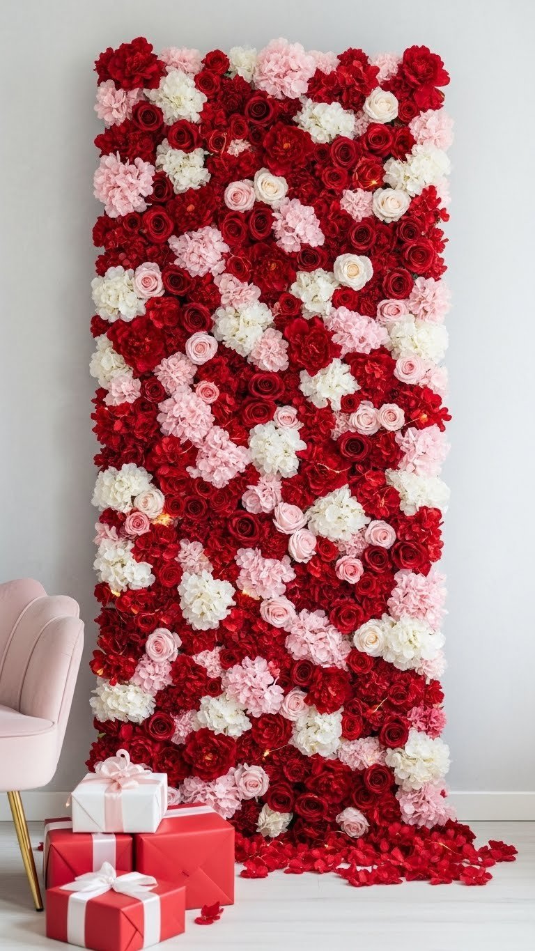 Lush Valentine's Day floral wall backdrop featuring red, pink, and white artificial flowers with detailed petal textures