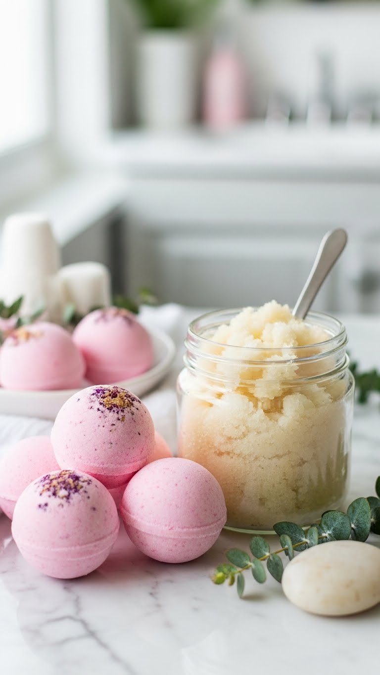Luxurious DIY bath bombs and body scrubs in pastel colors on marble countertop with spa-like accessories and fresh eucalyptus.