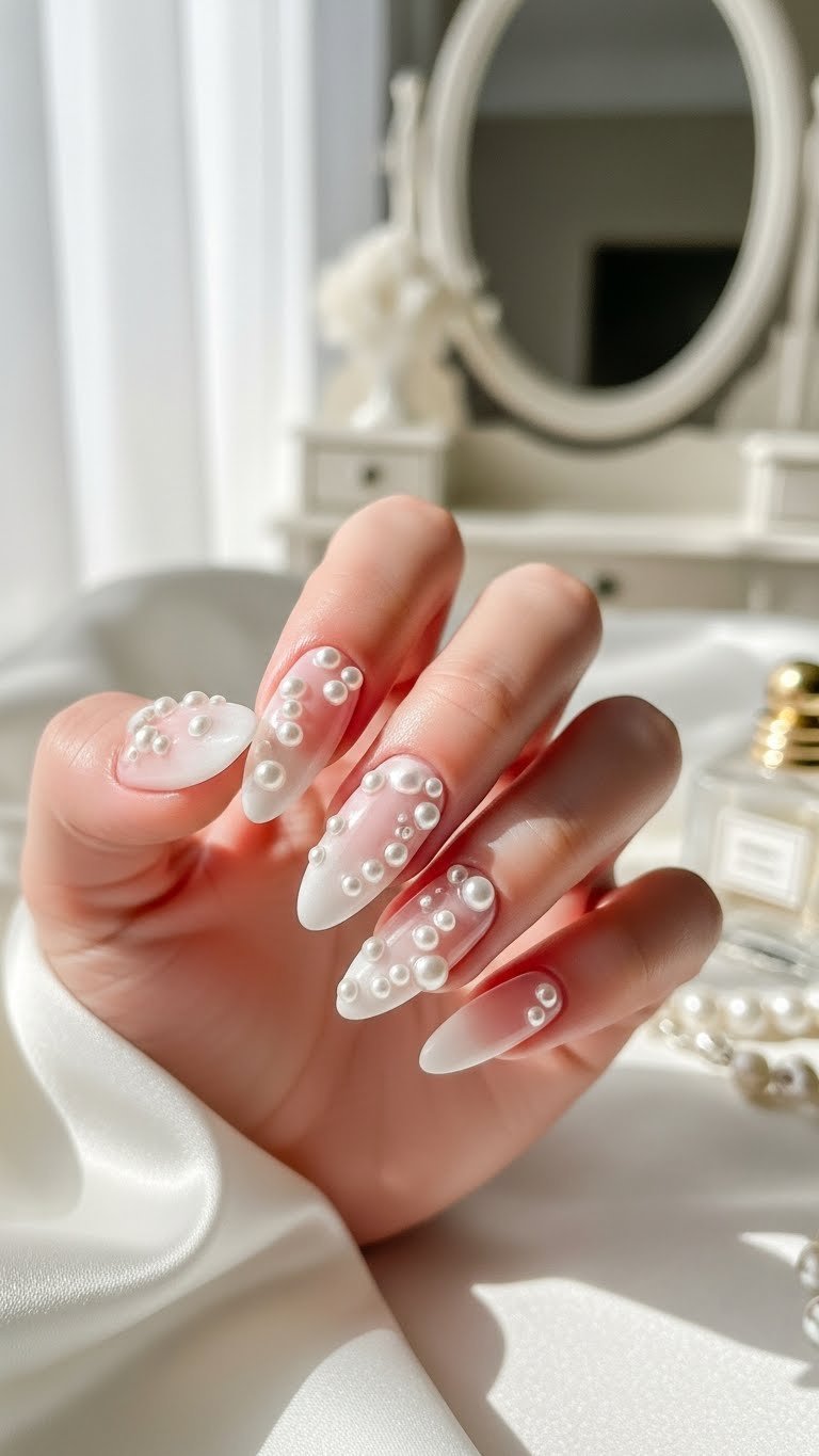Luxurious almond nails with 3D pearl embellishments on elegant cream satin fabric