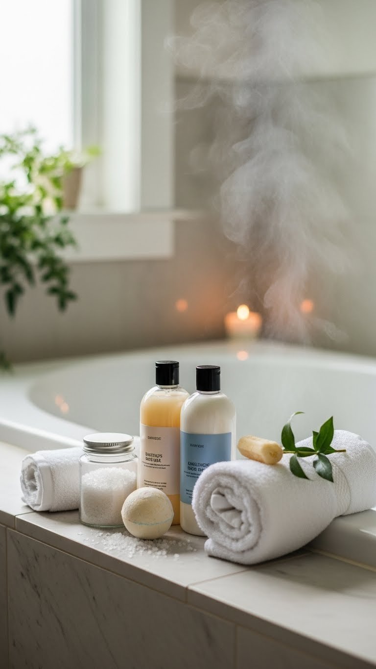 Luxurious bath products arranged elegantly near pristine bathtub with subtle steam in spa-like bathroom