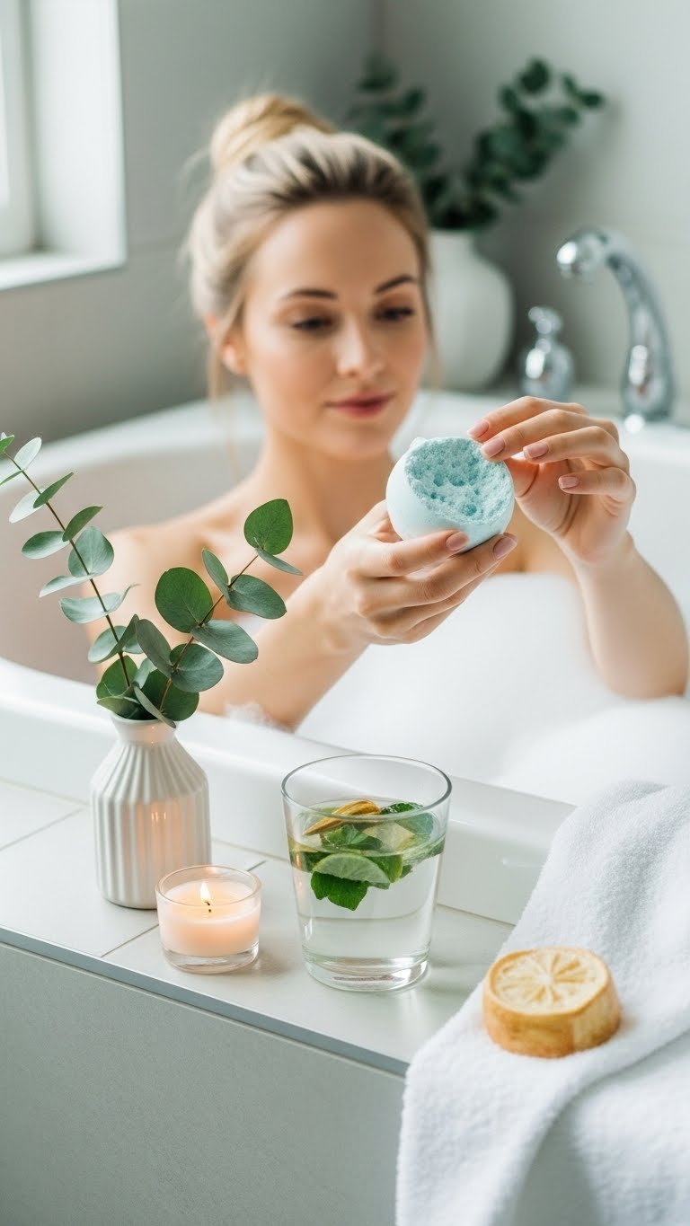 Luxurious bath scene with bubbles, bath bomb, and eucalyptus branches in spa-like bathroom with soft natural light