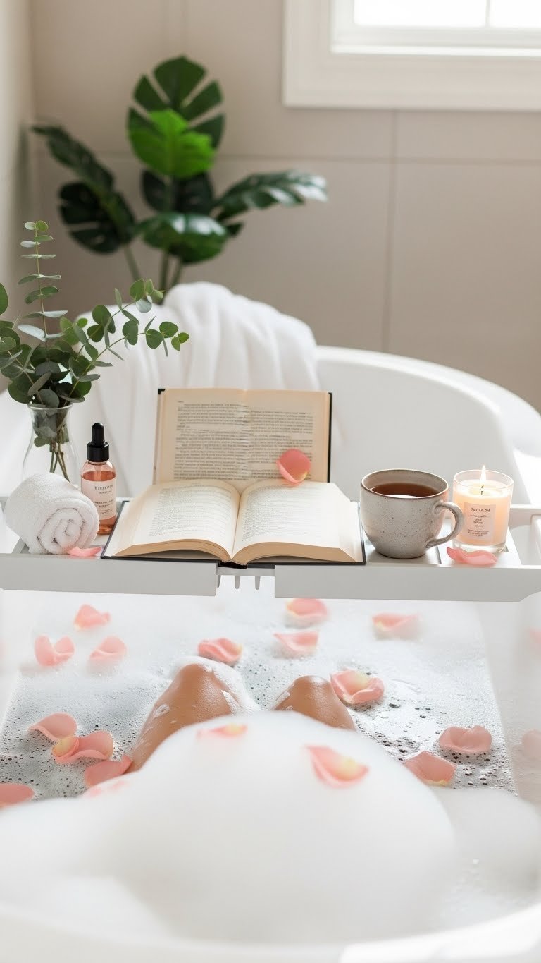 Luxurious bath scene with white foam, rose petals, and bath caddy holding book, herbal tea, and aromatherapy candle.