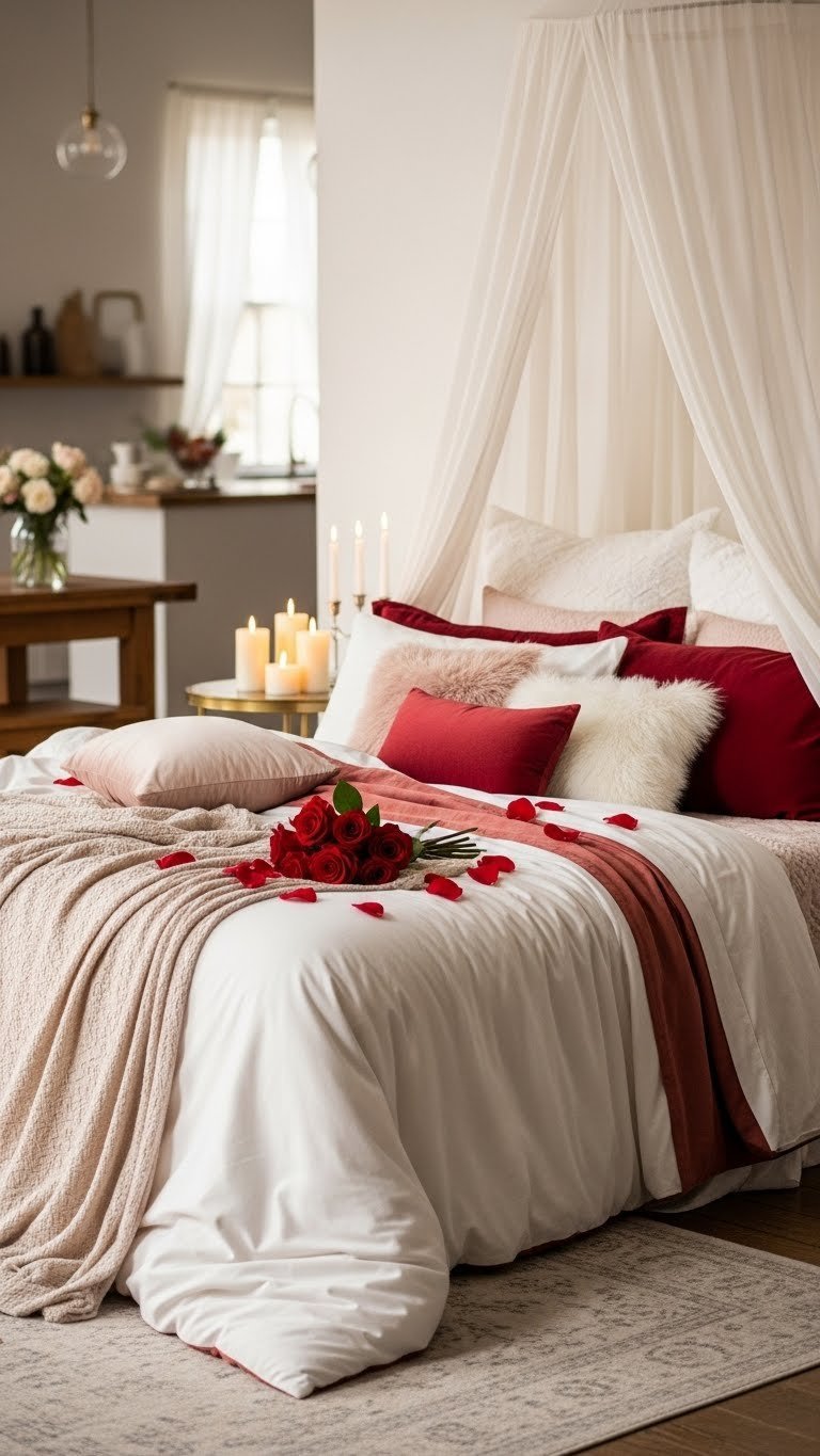 Luxurious bed adorned with sheer canopy, decorative pillows, rose petals, and romantic bedroom decor elements