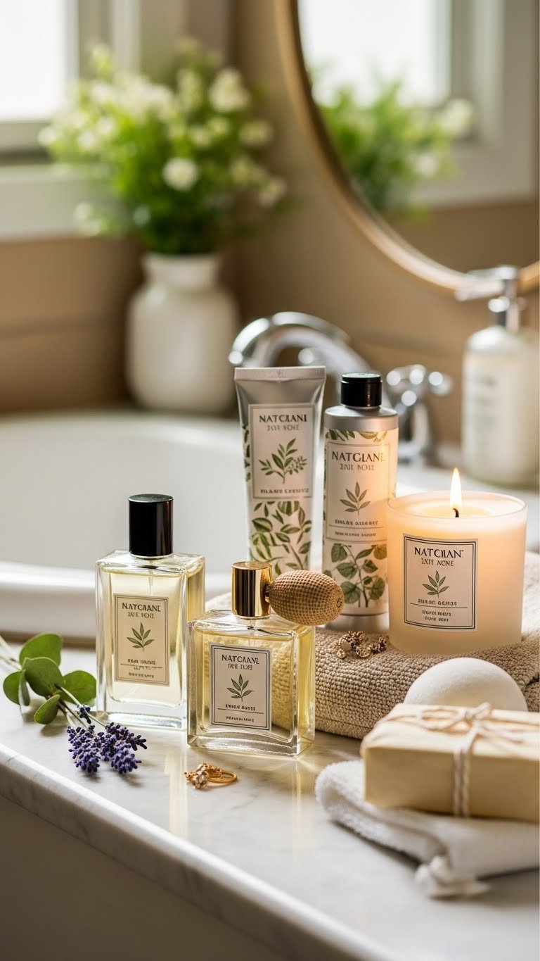Luxurious botanical body care products including perfume and scented candle on spa-like surface