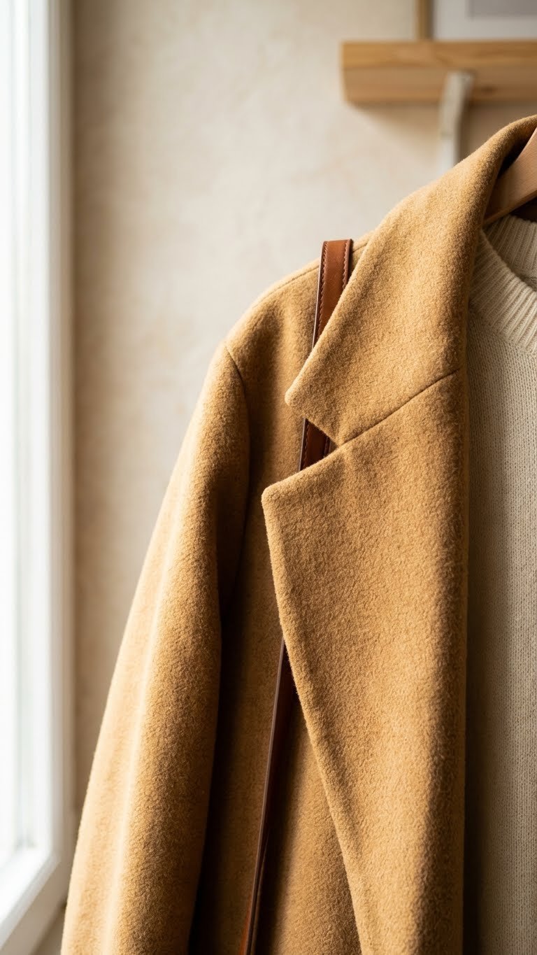 Luxurious camel wool blend coat in warm creams, showcasing rich texture, tailored lapel, and elegant winter fashion.