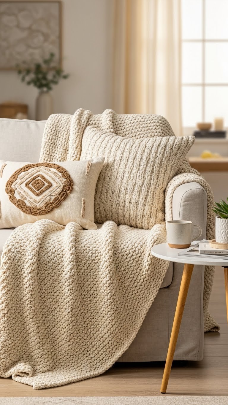 Luxurious chunky knit throw blanket draped over cozy sofa with decorative pillow and side table.