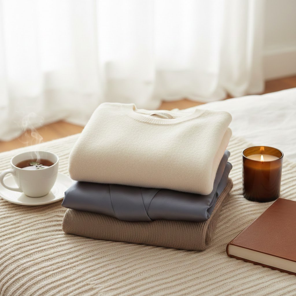 Luxurious comfort apparel stack of cashmere loungewear on plush throw blanket