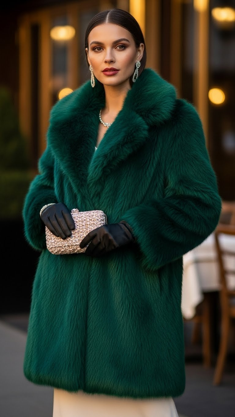 Luxurious emerald green faux fur coat over cocktail dress, elegant gloves, clutch. Chic city evening winter fashion.