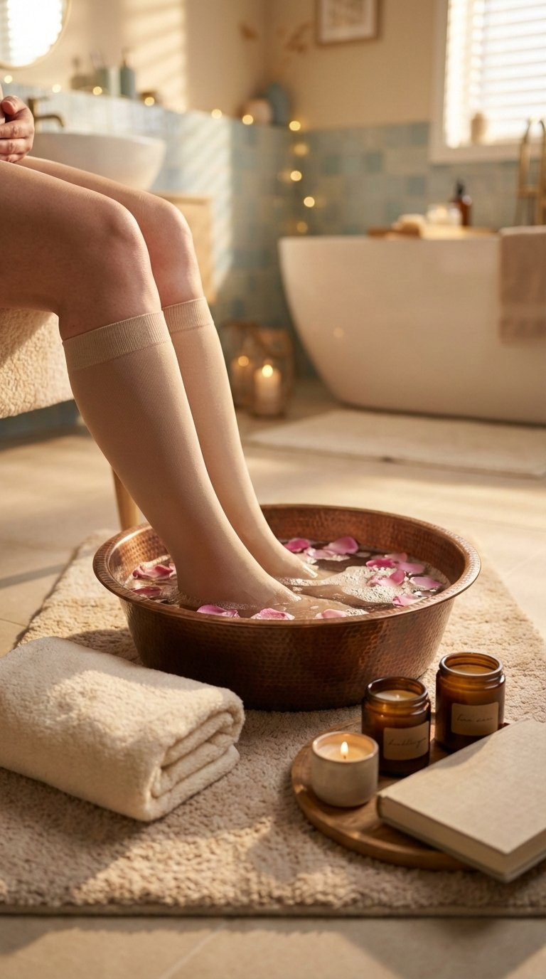 Luxurious foot spa setup with pregnant woman's feet soaking surrounded by rose petals