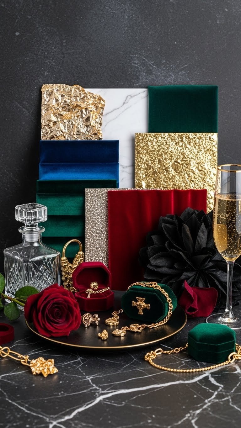 Luxurious gold and velvet Valentine's mood board showcasing jewel tones, shimmering gold accents, marble patterns, and velvet textures.