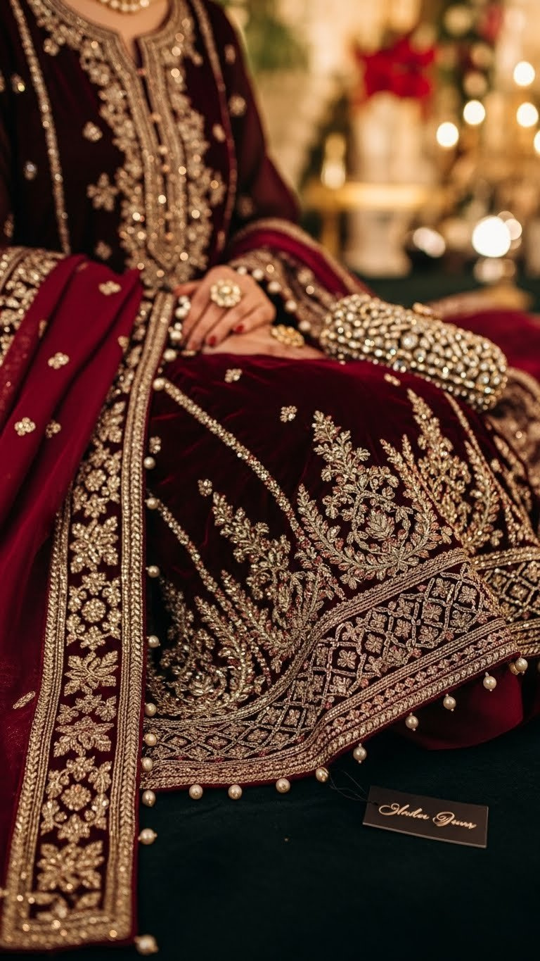 Luxurious heavily embroidered velvet Pakistani wedding suit. Intricate zari tilla, deep jewel tones, elegant formal winter outfit.