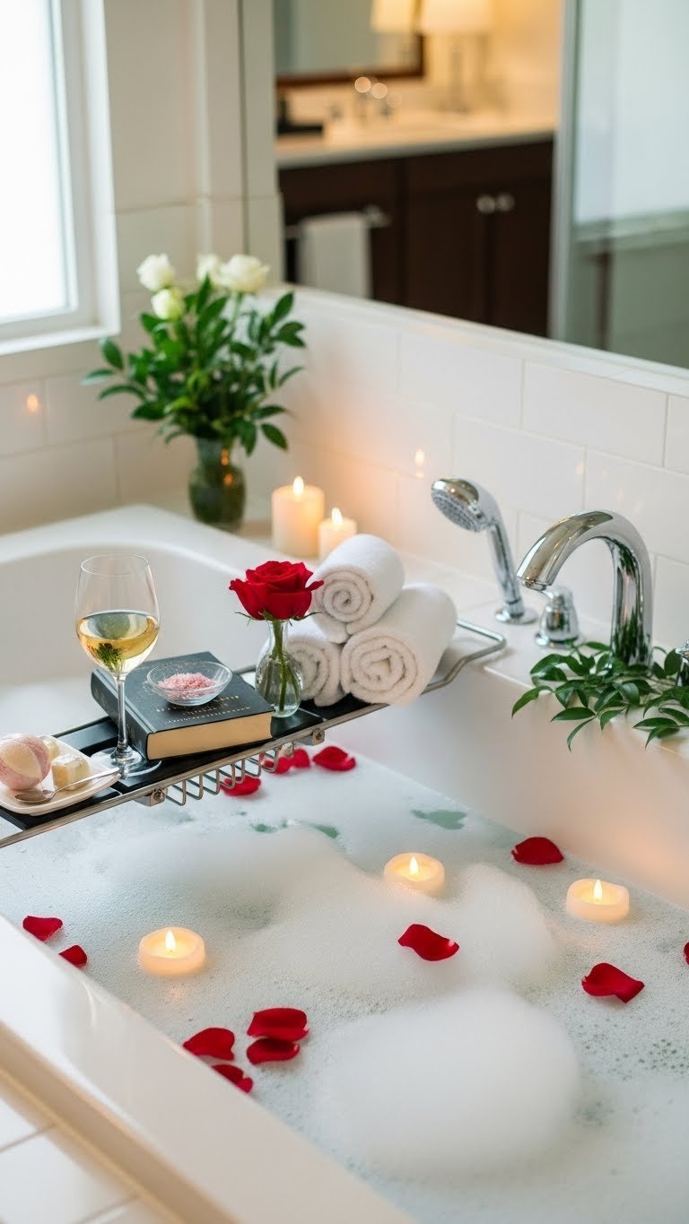 Luxurious hotel bathtub filled with bubbly water, rose petals, and floating tea light candles for relaxation