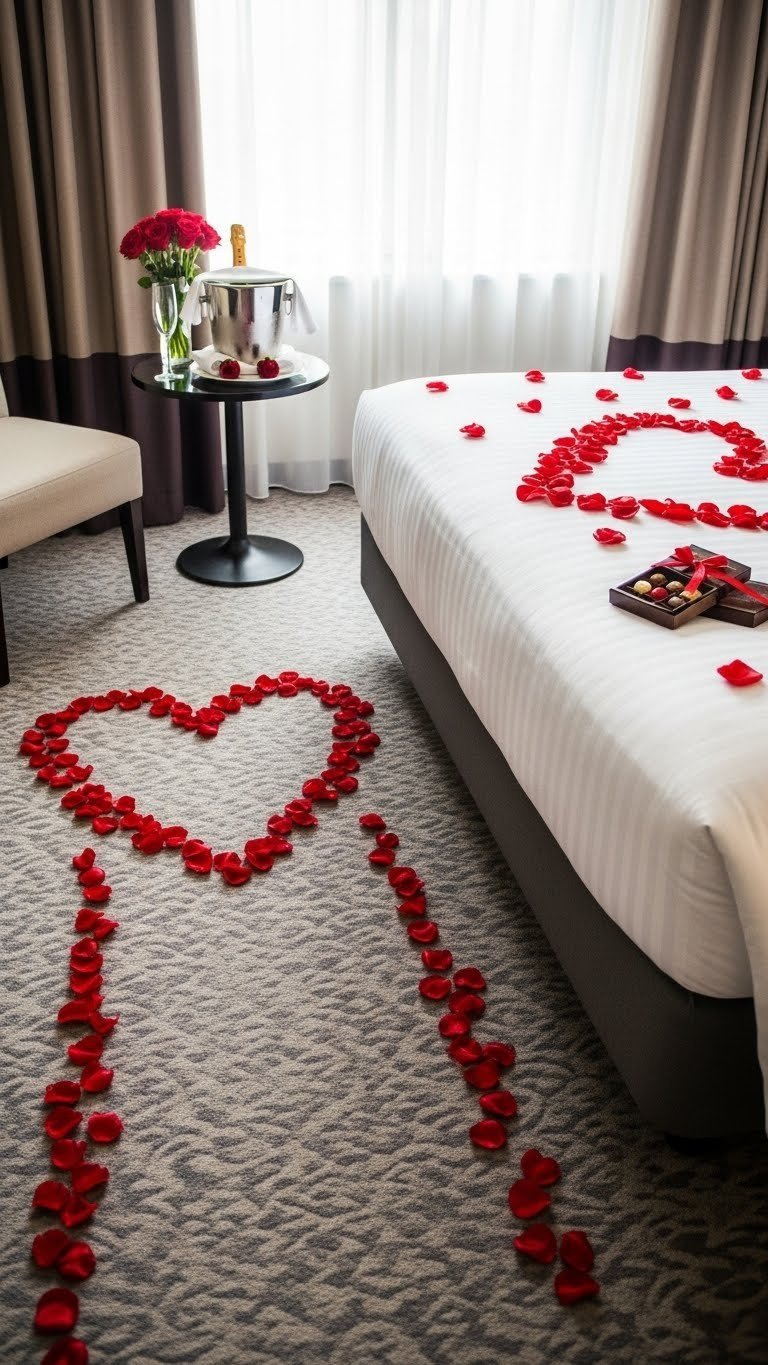 Luxurious hotel bed adorned with vibrant red silk rose petals forming heart shape on crisp white linen