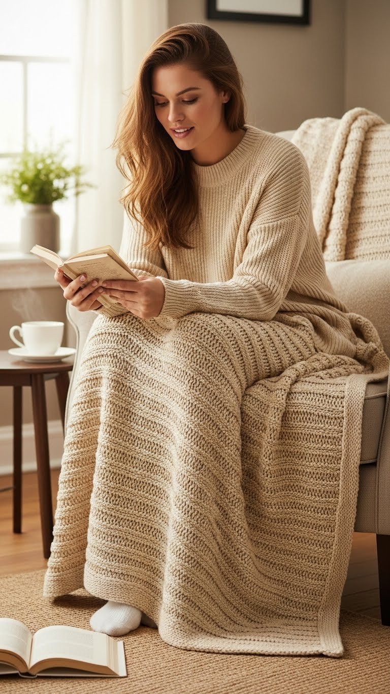 Luxurious knitted blanket draped over sofa with warm lighting creating cozy home atmosphere