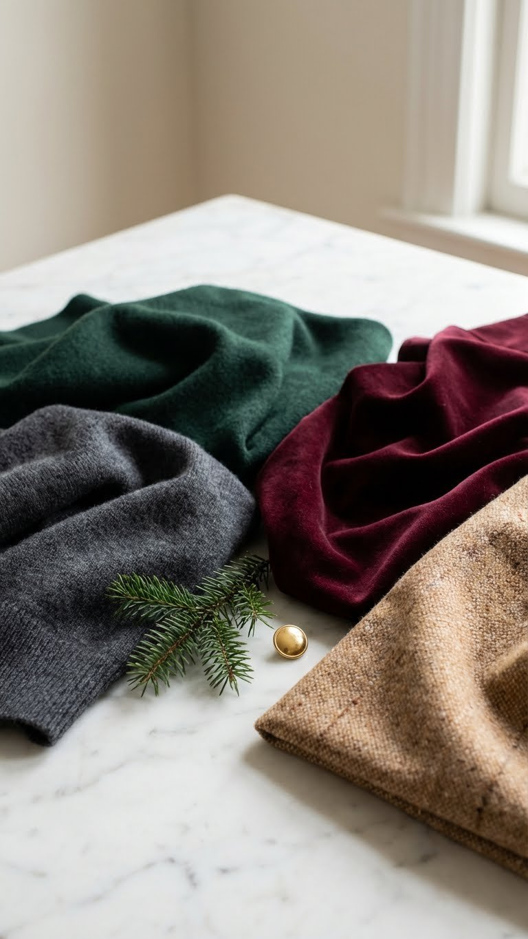 Luxurious merino wool, cashmere knit, plush velvet, and classic tweed fabrics in sophisticated winter tones for modest outfits.