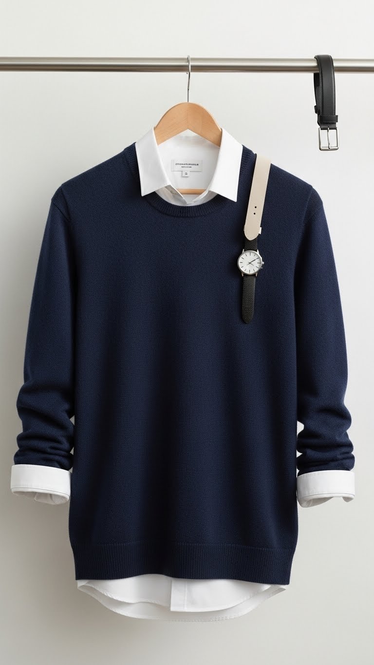 Luxurious navy cashmere sweater layered with white button-down shirt on minimalist wooden hanger against neutral wall