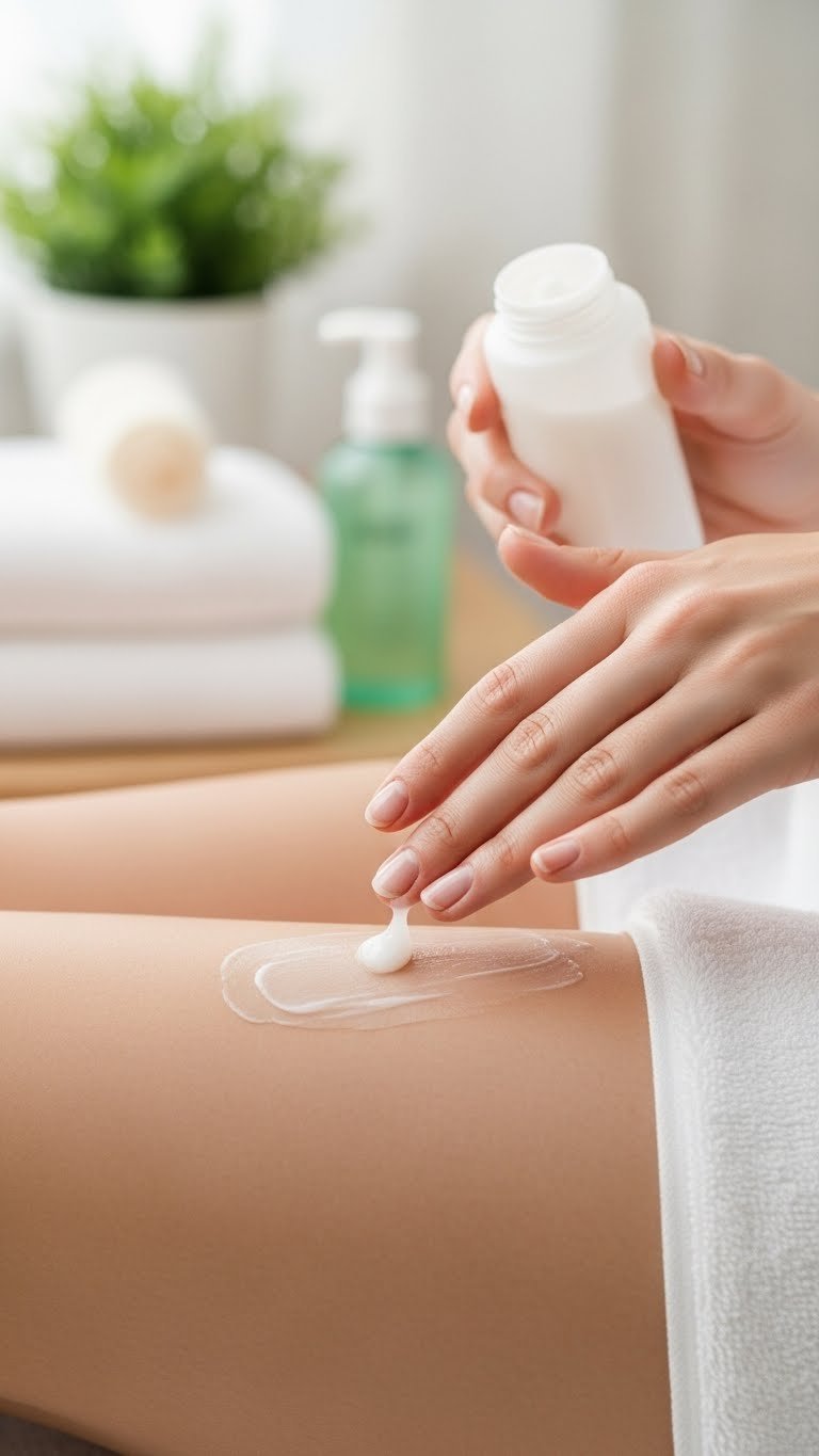 Luxurious post-hair removal balm application on calm, hydrated bikini line skin