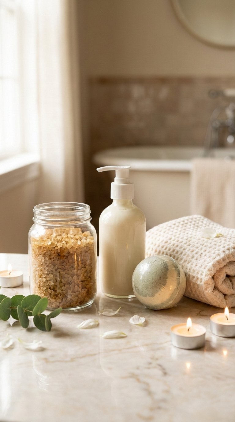 Luxurious postpartum bath set with bath salts, body lotion, bath bomb and towel arranged on marble countertop for relaxation.