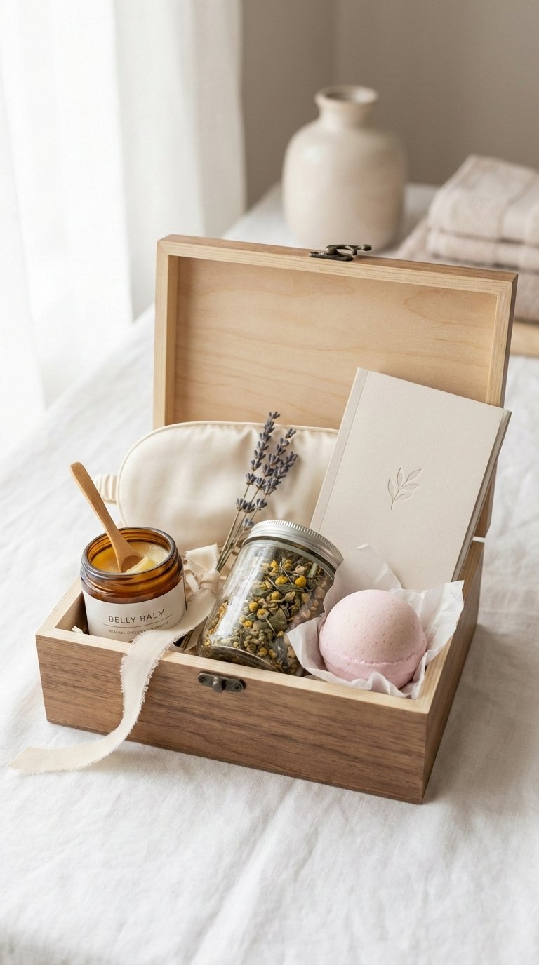 Luxurious pregnancy self-care gift box with belly balm, silk sleep mask, herbal tea, and bath bomb arranged on wooden tray
