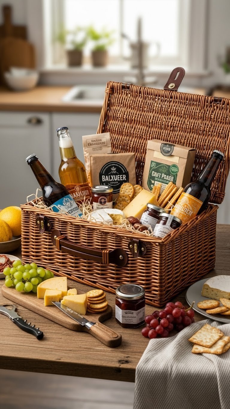 Luxurious rustic wicker hamper filled with craft beers, artisanal cheeses and gourmet crackers on wooden table