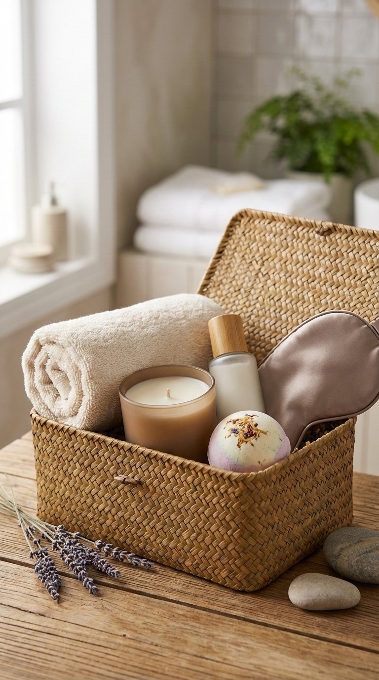 Luxurious self-care basket for daycare teacher with plush towel, scented candle, hand cream and spa elements on rustic wooden table