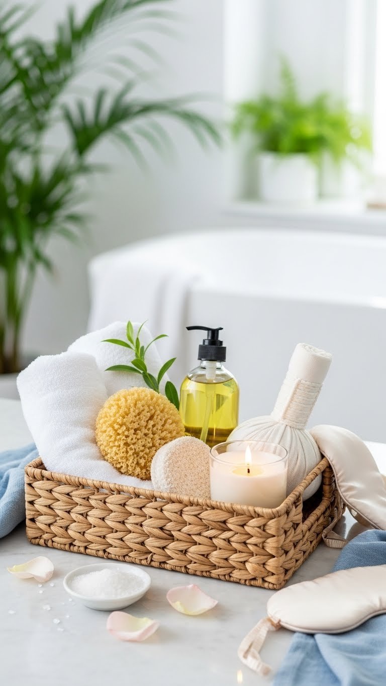 Luxurious self-care basket with plush towel, bath oil, natural sponge, and lit candle on marble countertop with green plants.