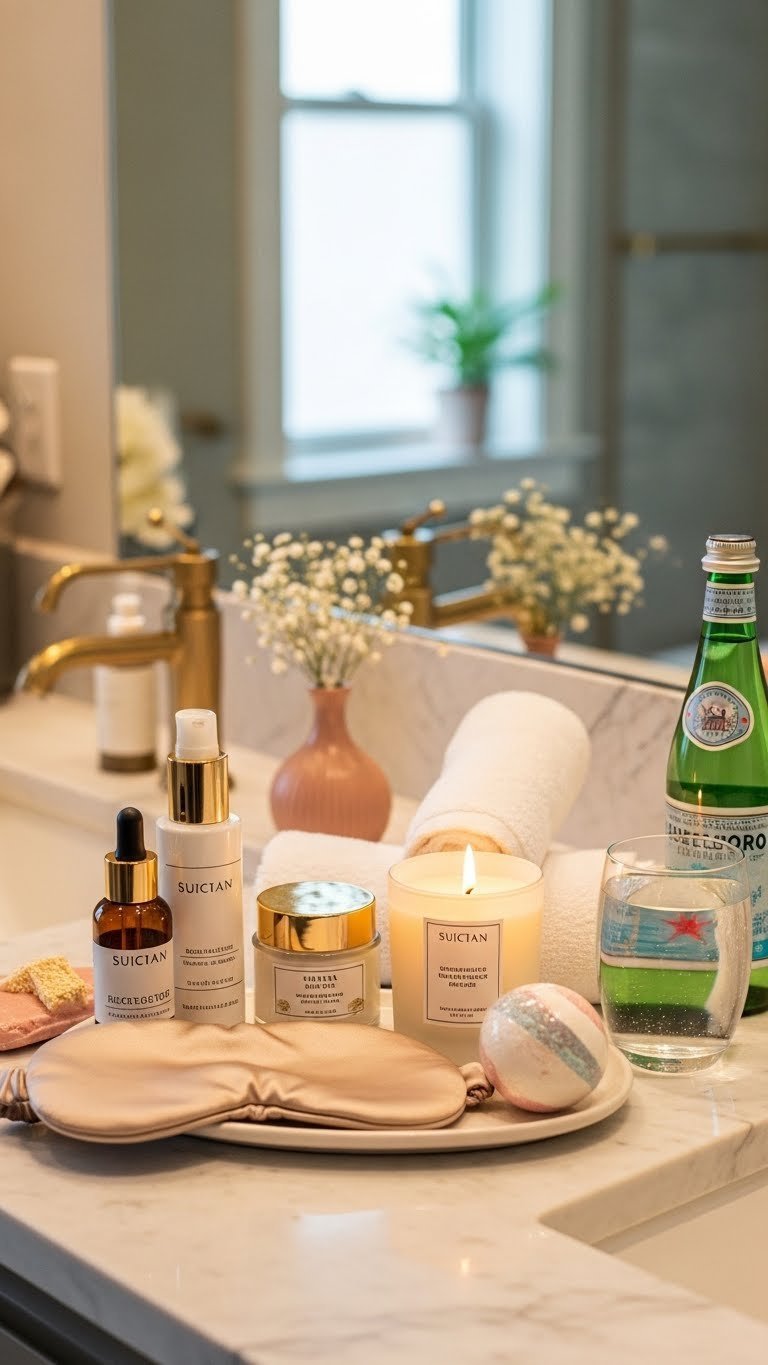 Luxurious self-care gift set featuring skincare products, silk eye mask, scented candle, and bath bomb arranged on marble countertop