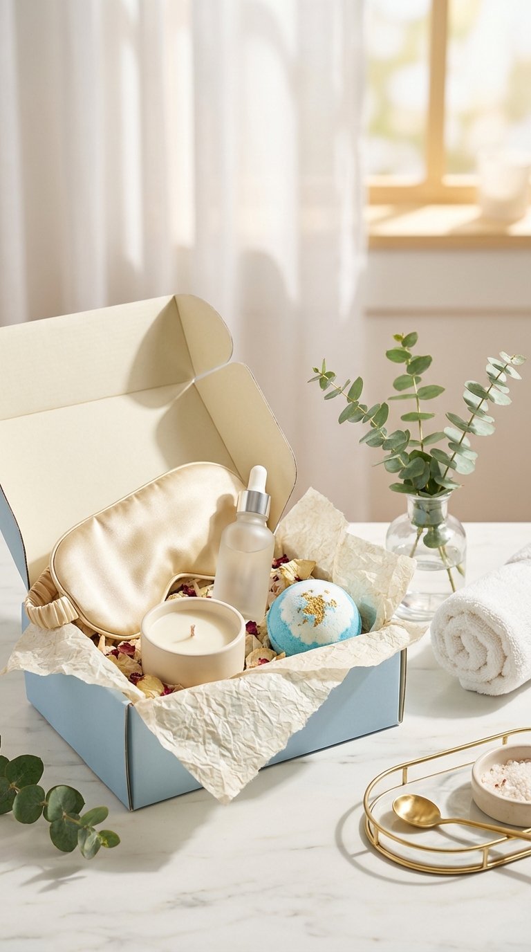 Luxurious self-care subscription box with silk sleep mask, face serum, and scented candle on marble countertop.