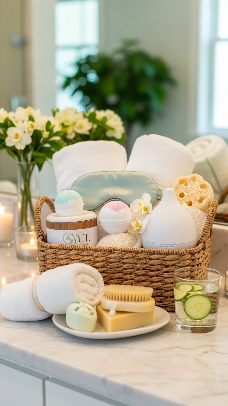 Luxurious spa basket overflowing with towels and bath bombs on polished marble bathroom countertop