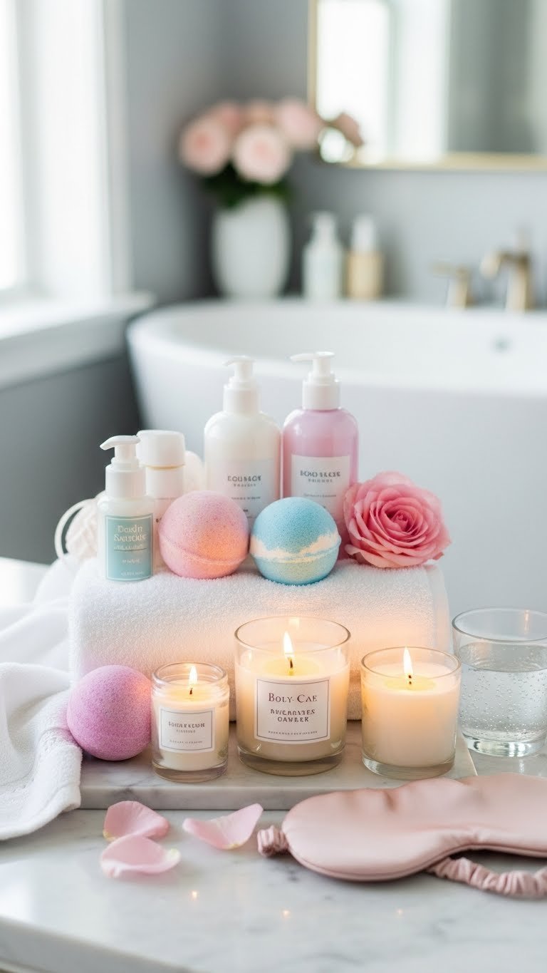 Luxurious spa hamper featuring bath bombs, scented candles, and plush towel arranged on marble countertop with soft pastel colors