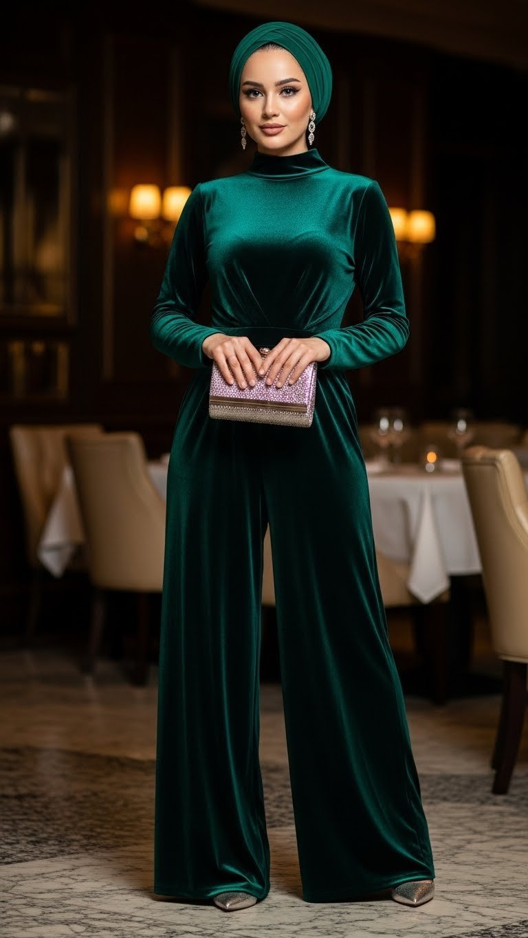 Luxurious velvet modest jumpsuit in jewel tone with elegant evening event lighting