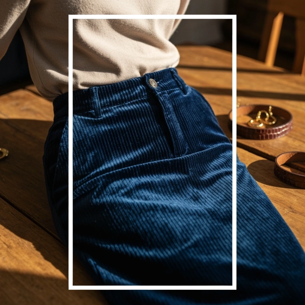 Luxurious velvet trousers, sophisticated blouse, gold earrings, and textured leather belt for a rich winter church outfit.