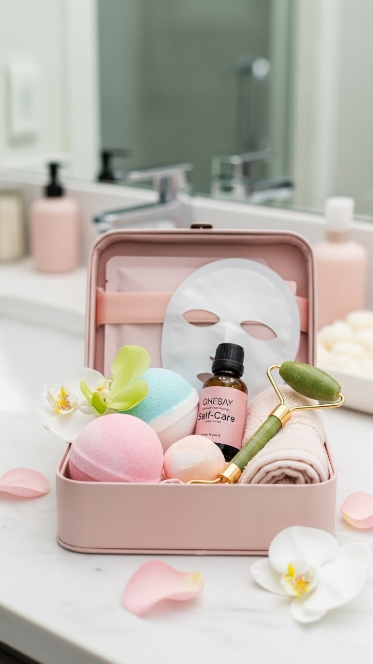 Luxurious wellness kit with bath bombs, face mask, and jade roller on white marble bathroom counter