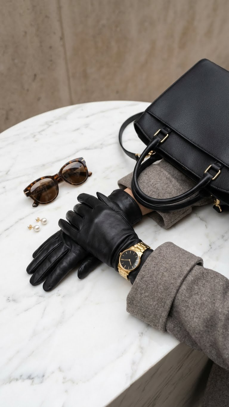 Luxurious winter accessories: black leather gloves, gold bracelet, classic watch, structured leather handbag, wool coat cuff. Elegant.