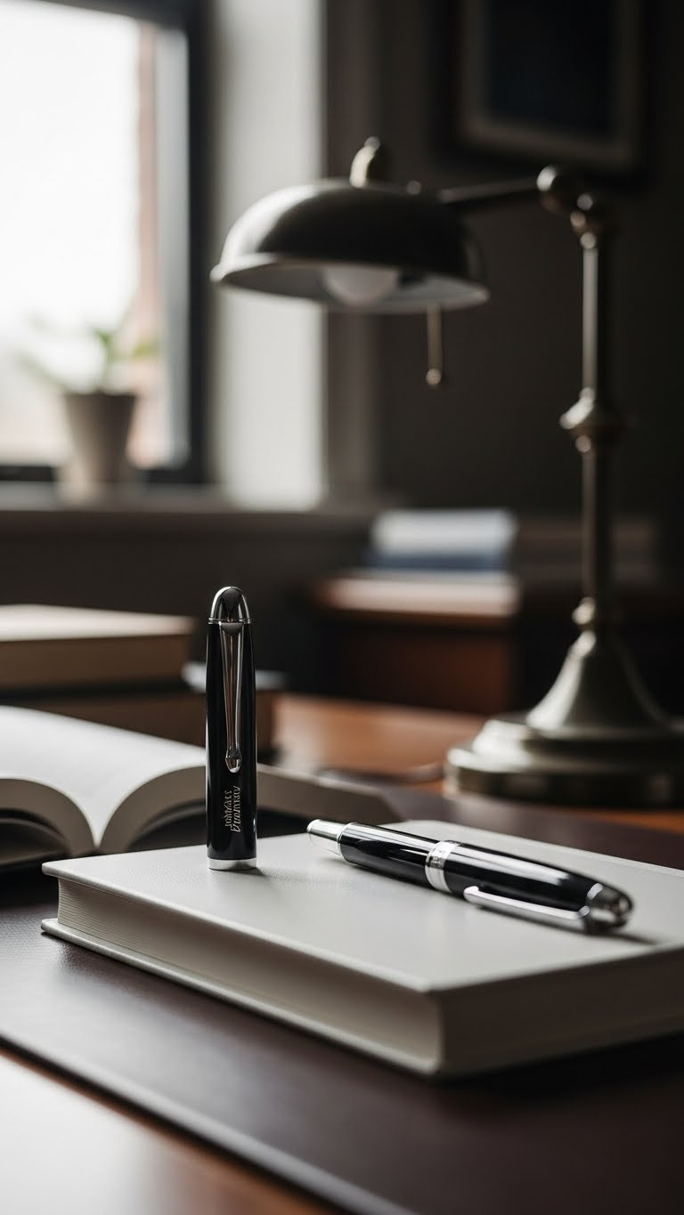Luxury fountain pen resting elegantly on leather-bound journal with soft bokeh background in professional office setting