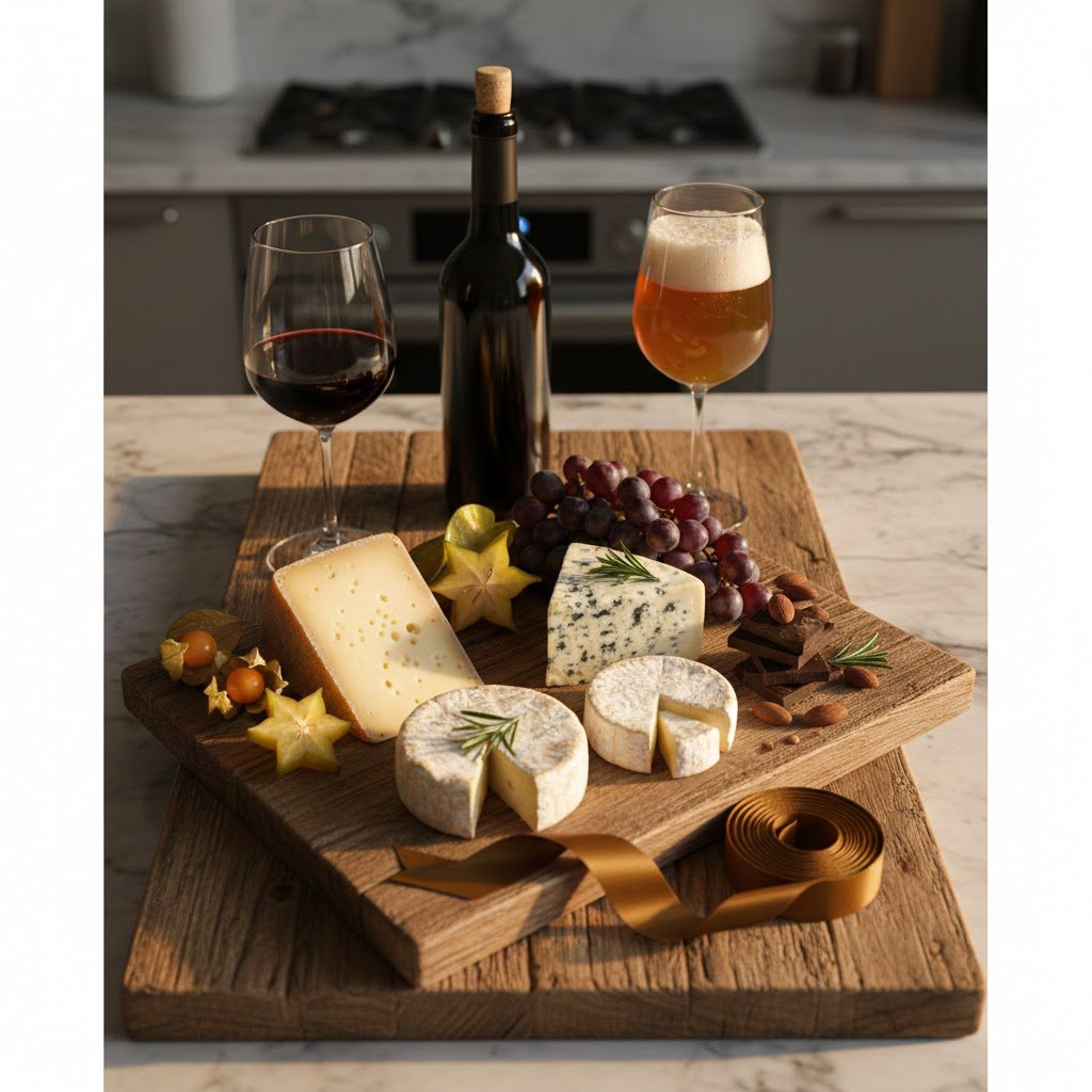 Luxury gourmet food basket with fine wines, artisan cheeses, and chocolates on rustic wooden board